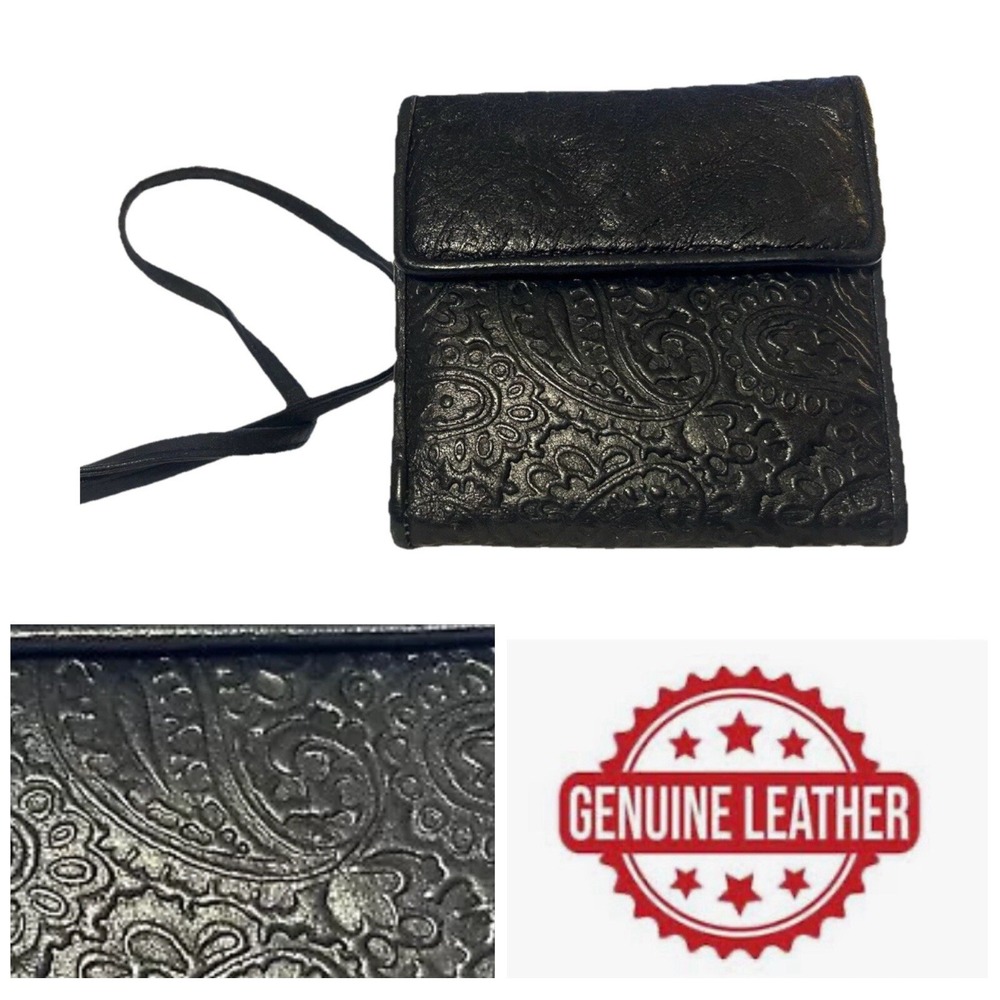 Trifold Crossbody Wallet -Long Strap - Black - Genuine Leather- Paisley - Ornate